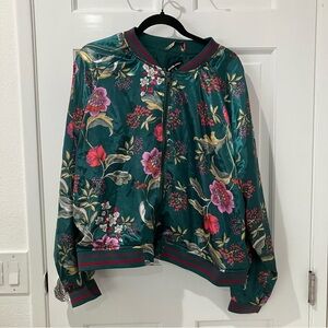 Charlotte Russe Floral Bomber Jacket - Green and Pink